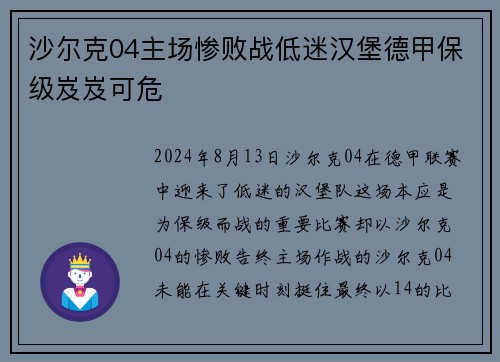 沙尔克04主场惨败战低迷汉堡德甲保级岌岌可危